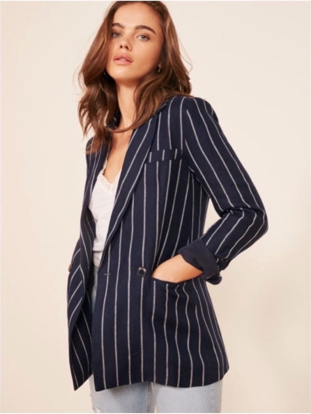 Reformation Verano 100% Linen Pinstripe Double Breasted Blazer XS